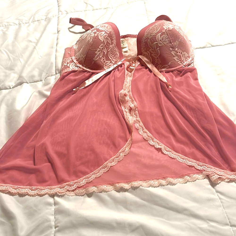 Lingerie - Pink nightie with off white lace on bust and hem.
